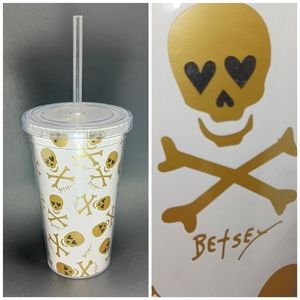BETSEY JOHNSON Gold Skulls Double Sided Clear Plastic Tumbler Lid & Straw